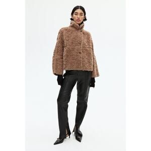 H&M Tan Faux Shearling Coat Women's Sz XS Button Up Teddy Sherpa Boxy Fit EUC